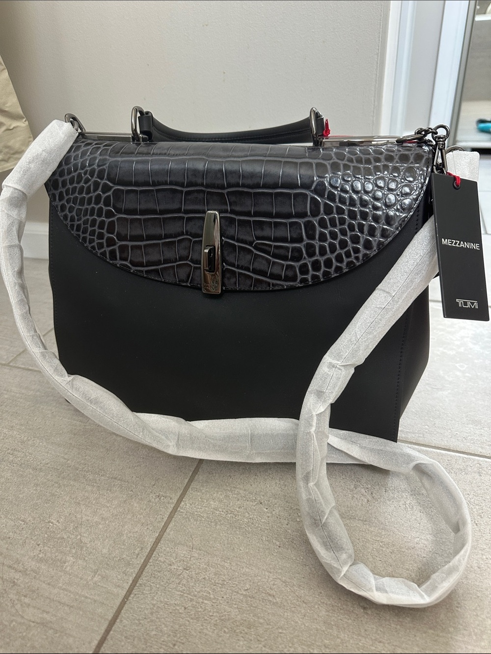 Tumi Mezzanine Black Croc-Embossed Top Handle Messenger